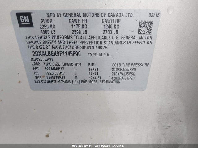 Chevrolet EQUINOX 1LT 2015 2GNALBEK9F1145690 Image 9