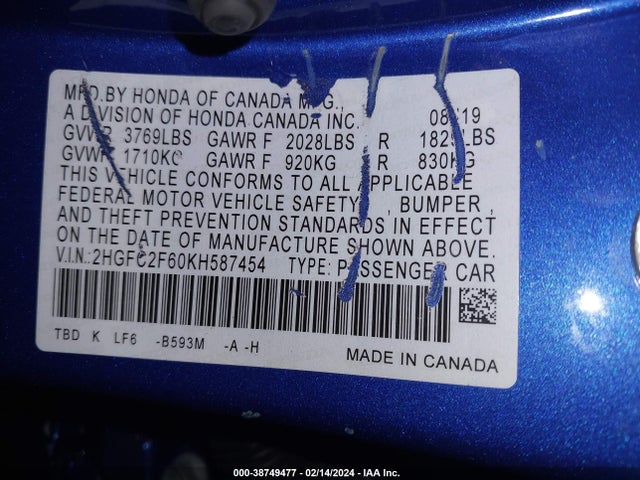Honda Civic Lx 2019 2HGFC2F60KH587454 Image 9