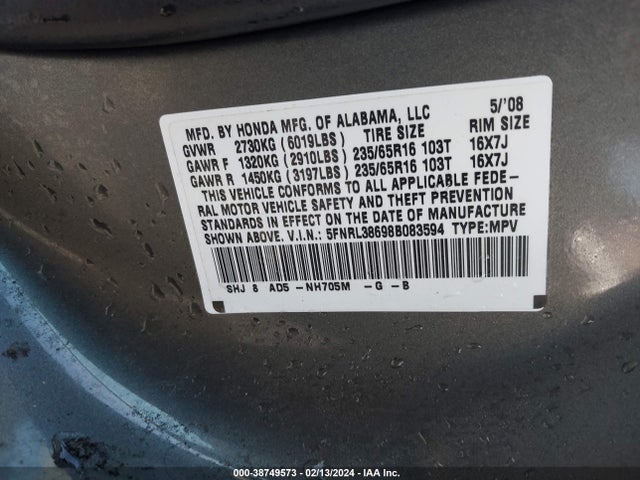 2008 HONDA ODYSSEY EX-L VIN: 5FNRL38698B083594