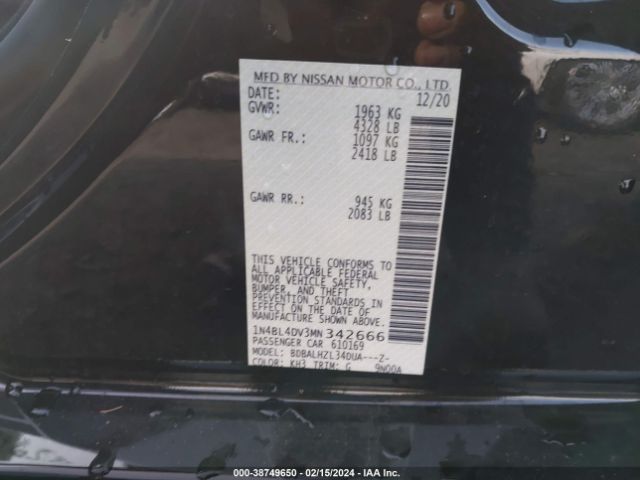 1N4BL4DV3MN342666 Nissan Altima Sv Fwd