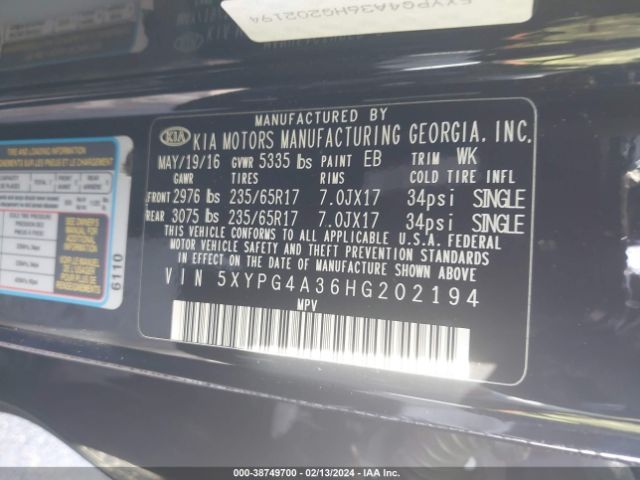 5XYPG4A36HG202194 KIA Sorento 2.4l Lx