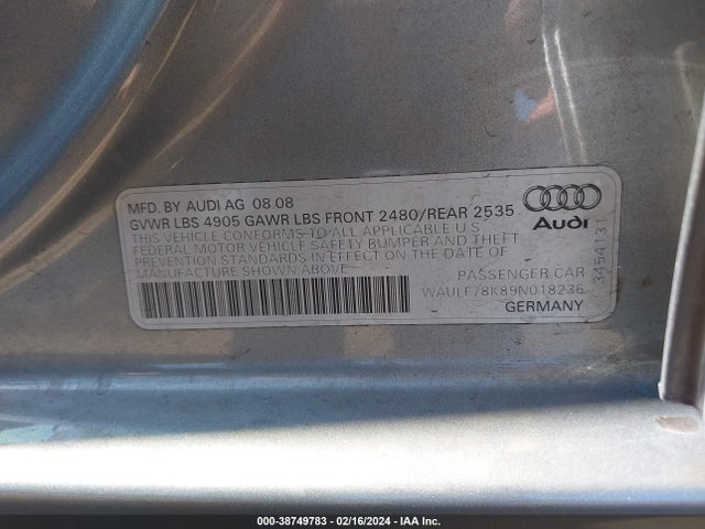2009 AUDI A4 2.0T PREMIUM VIN: WAULF78K89N018236