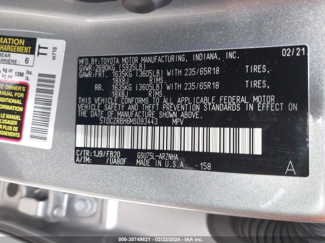 Toyota Highlander L 2021 5TDCZRBH6MS093443 Image 9