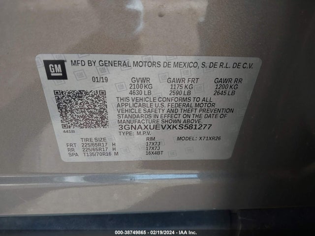 Chevrolet EQUINOX LT 2019 3GNAXUEVXKS581277 Image 9