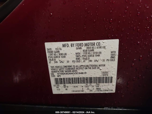 Ford EXPLORER XLT 2016 1FM5K8D84GGC94515 Image 9