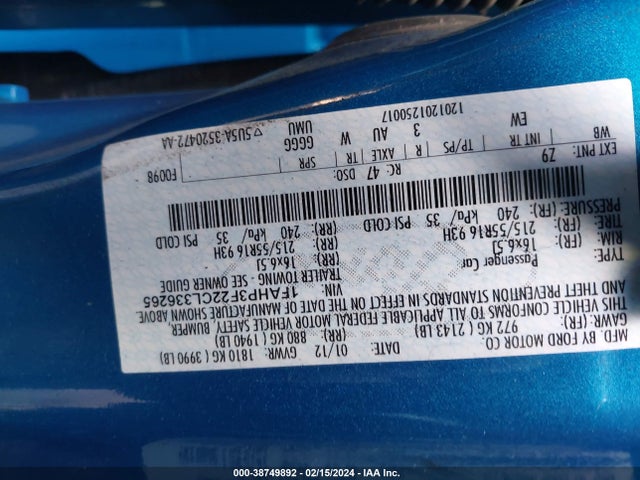 2012 FORD FOCUS SE VIN: 1FAHP3F22CL336265
