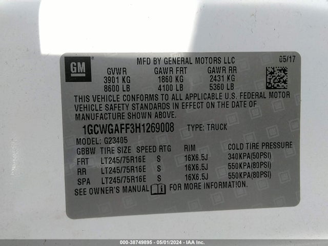 Chevrolet Express 2500 Work Van 2017 1GCWGAFF3H1269008 Image 9