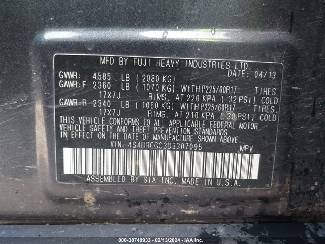 2013 SUBARU OUTBACK 2.5I PREMIUM VIN: 4S4BRCGC3D3307095
