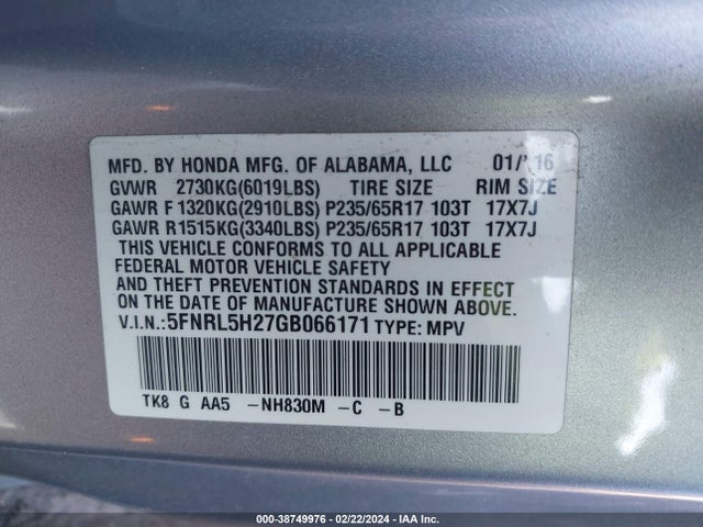 Honda ODYSSEY LX 2016 5FNRL5H27GB066171 Image 9