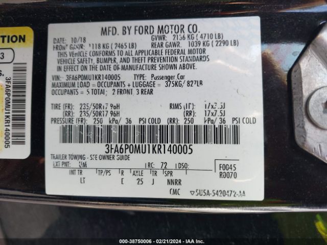 3FA6P0MU1KR140005 Ford Fusion Hybrid Sel