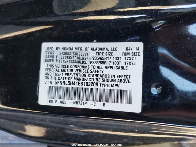 Honda ODYSSEY EX 2014 5FNRL5H41EB102208 Image 9