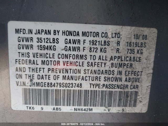 2009 HONDA FIT SPORT VIN: JHMGE88479S023748