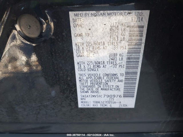 2015 NISSAN ROGUE SL VIN: 5N1AT2MV5FC790976
