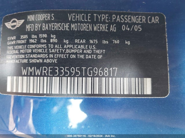 2005 MINI COOPER S WMWRE33595TG96817 Photo 8