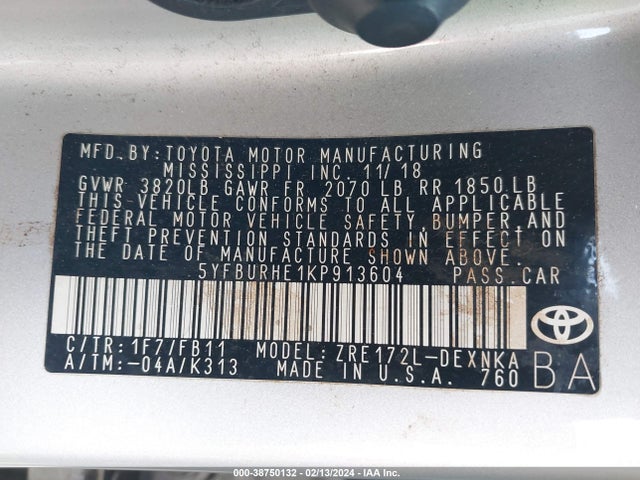2019 TOYOTA COROLLA LE VIN: 5YFBURHE1KP913604