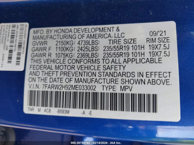 Honda Cr-v Awd Touring 2021 7FARW2H92ME033002 Image 9