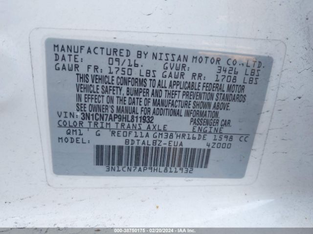 3N1CN7AP9HL811932 Nissan Versa 1.6 Sv