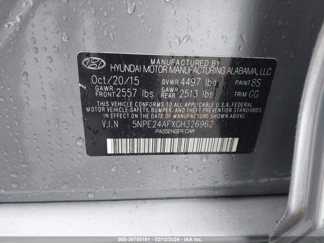 2016 HYUNDAI SONATA SE VIN: 5NPE24AFXGH326962