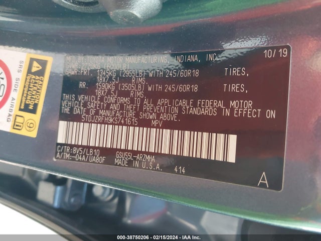 Toyota Highlander Xle 2019 5TDJZRFH9KS741615 Image 9