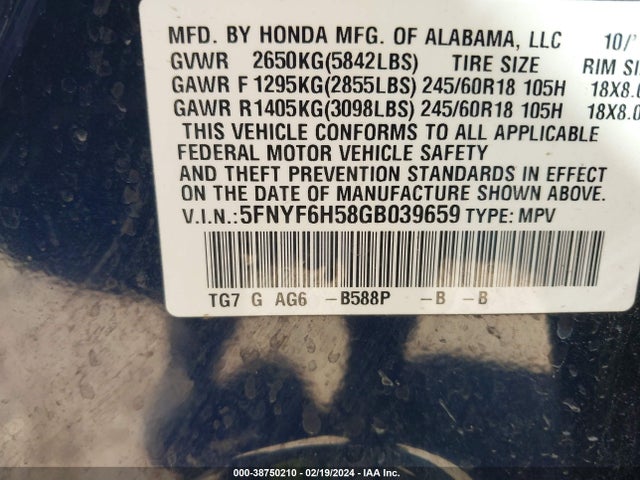 Honda Pilot Ex-l 2016 5FNYF6H58GB039659 Image 9