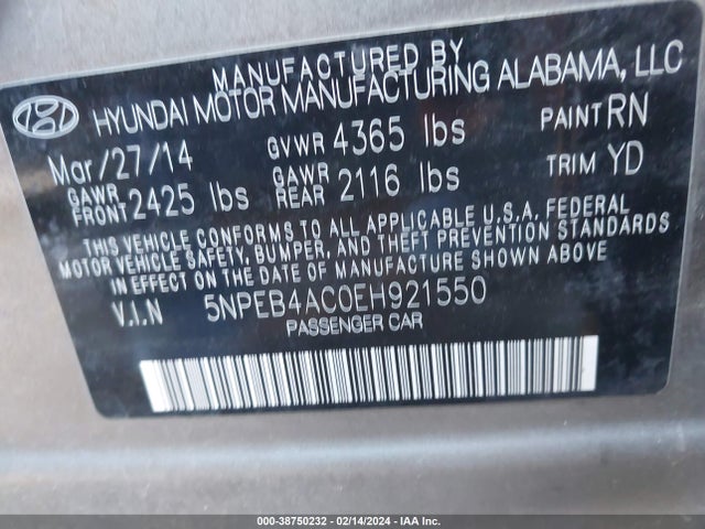 2014 HYUNDAI SONATA GLS VIN: 5NPEB4AC0EH921550