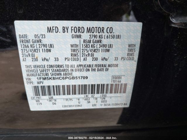 1FM5K8HC6PGB51709 Ford Explorer Platinum