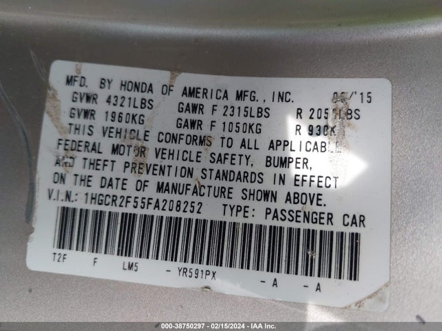 Honda Accord Sport 2015 1HGCR2F55FA208252 Image 9