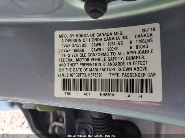Honda CIVIC EX 2018 2HGFC2F73JH578321 Image 9