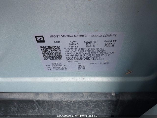 2GNAXMEV8N6139567 Chevrolet Equinox Fwd Rs