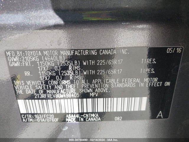 Toyota Rav4 Xle 2016 2T3RFREV8GW498405 Image 8