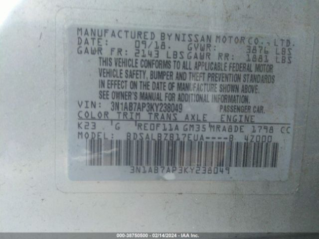 3N1AB7AP3KY238049 Nissan SENTRA S