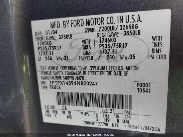 2004 FORD F-150 FX4/LARIAT/XL/XLT VIN: 1FTPX14594NB20247