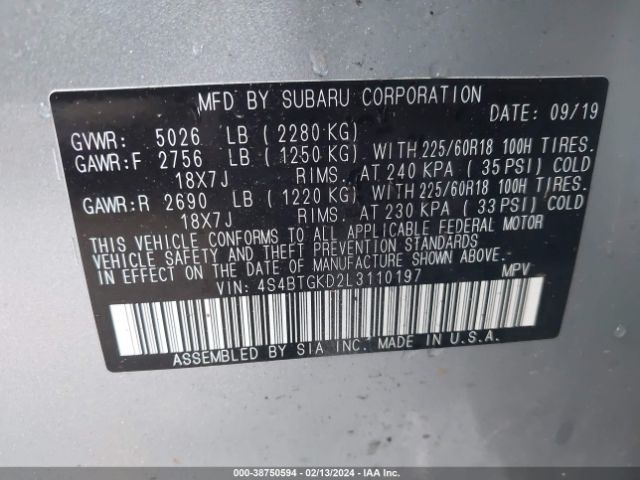 2020 SUBARU OUTBACK 4S4BTGKD2L3110197 Photo 8