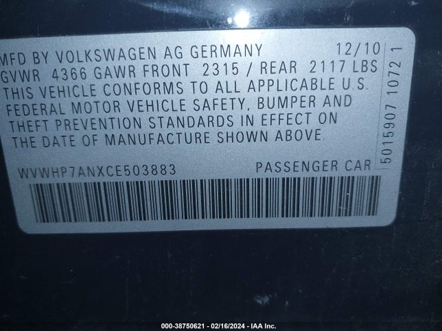 2012 VOLKSWAGEN CC LUX LIMITED VIN: WVWHP7ANXCE503883