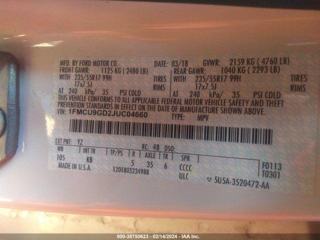 Ford ESCAPE SE 2018 1FMCU9GD2JUC04660 Image 9