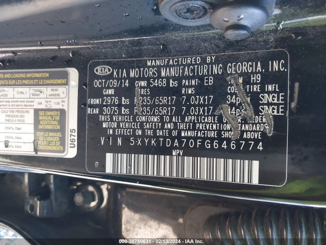 KIA Sorento Lx V6 2015 5XYKTDA70FG646774 Image 9