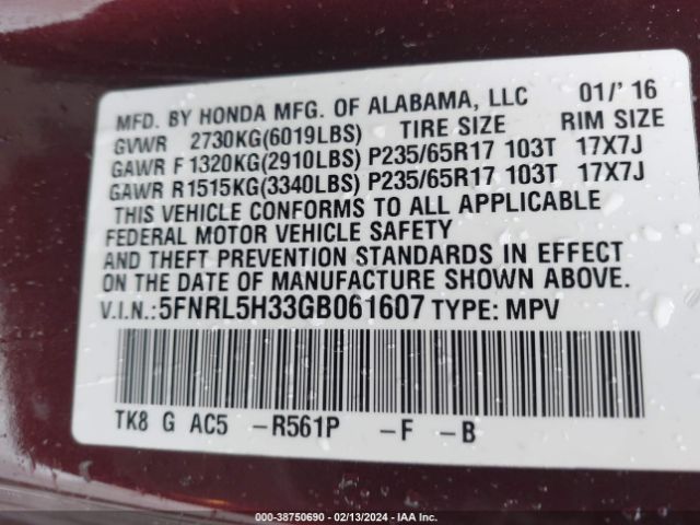 5FNRL5H33GB061607 Honda ODYSSEY SE