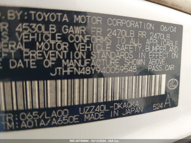38750694 :رقم المزاد ، JTHFN48Y940059548 vin ، 2004 Lexus Sc 430 مزاد بيع