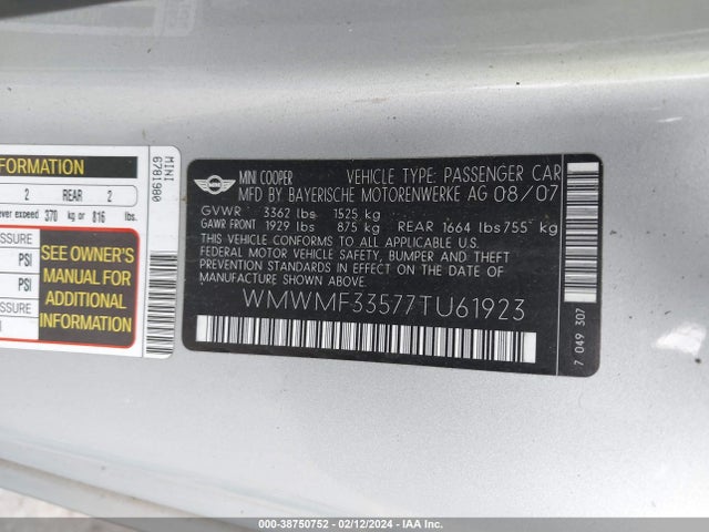 2007 MINI COOPER WMWMF33577TU61923 Photo 8