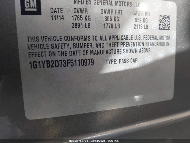 Chevrolet CORVETTE STINGRAY 2015 1G1YB2D73F5110979 Image 9