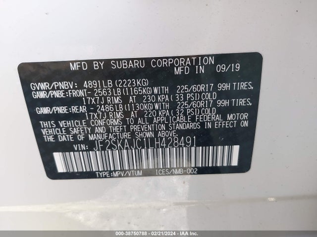 2020 SUBARU FORESTER PREMIUM VIN: JF2SKAJC1LH428491