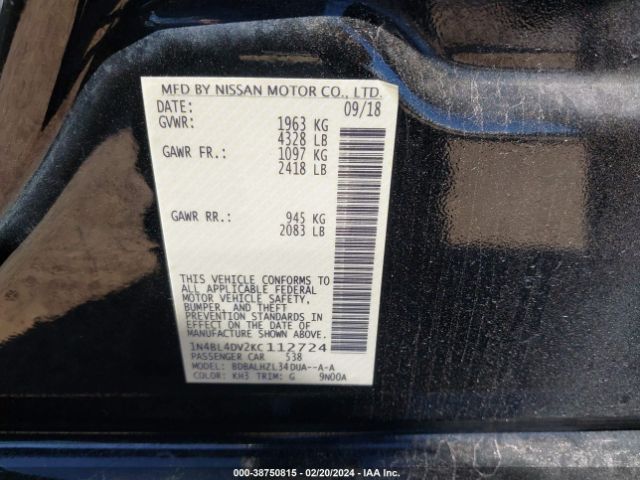 1N4BL4DV2KC112724 Nissan Altima 2.5 Sv