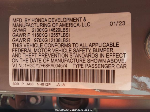 1HGCY2F68PA004574 Honda Accord Hybrid Ex-l