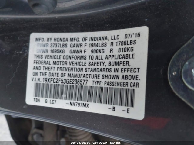 Honda Civic Lx 2016 19XFC2F53GE236577 Image 9