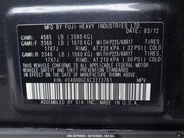 38750920 :رقم المزاد ، 4S4BRBGC6C3273761 vin ، 2012 Subaru Outback 2.5i Premium مزاد بيع
