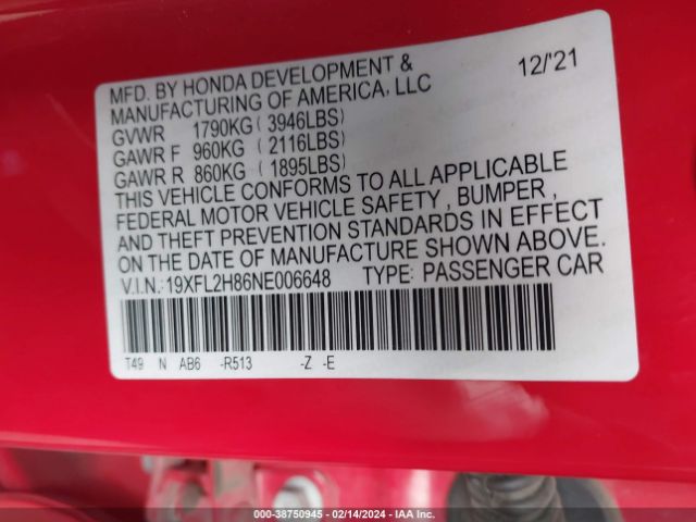 19XFL2H86NE006648 Honda Civic Sport