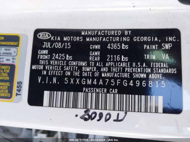 5XXGM4A75FG496815 KIA Optima Lx