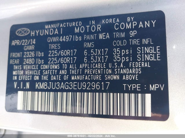 Hyundai TUCSON SE 2014 KM8JU3AG3EU929617 Image 9