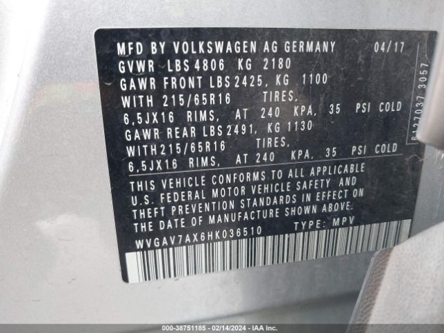 WVGAV7AX6HK036510 Volkswagen Tiguan 2.0t/2.0t S