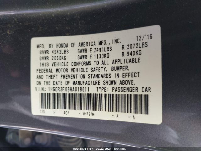 1HGCR3F08HA019611 Honda Accord Ex-l V6